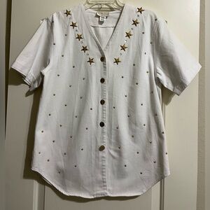 Marshall Rousso White Gold Stars Button Down V-Neck Shirt Blouse S Oversized